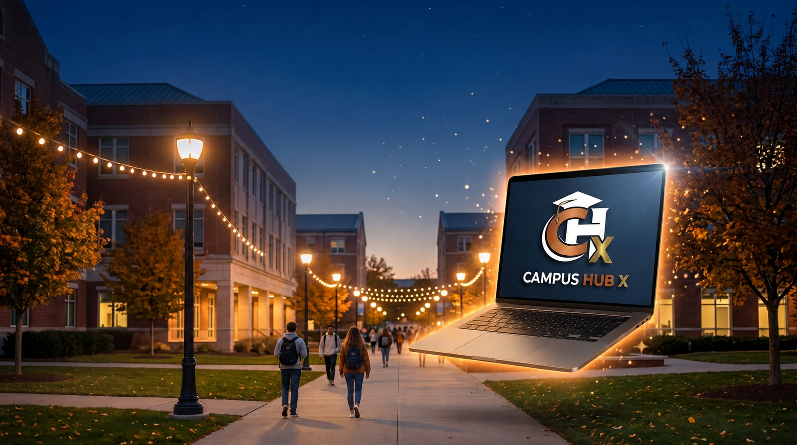 CampusHub X on a glowing campus walkway at dusk