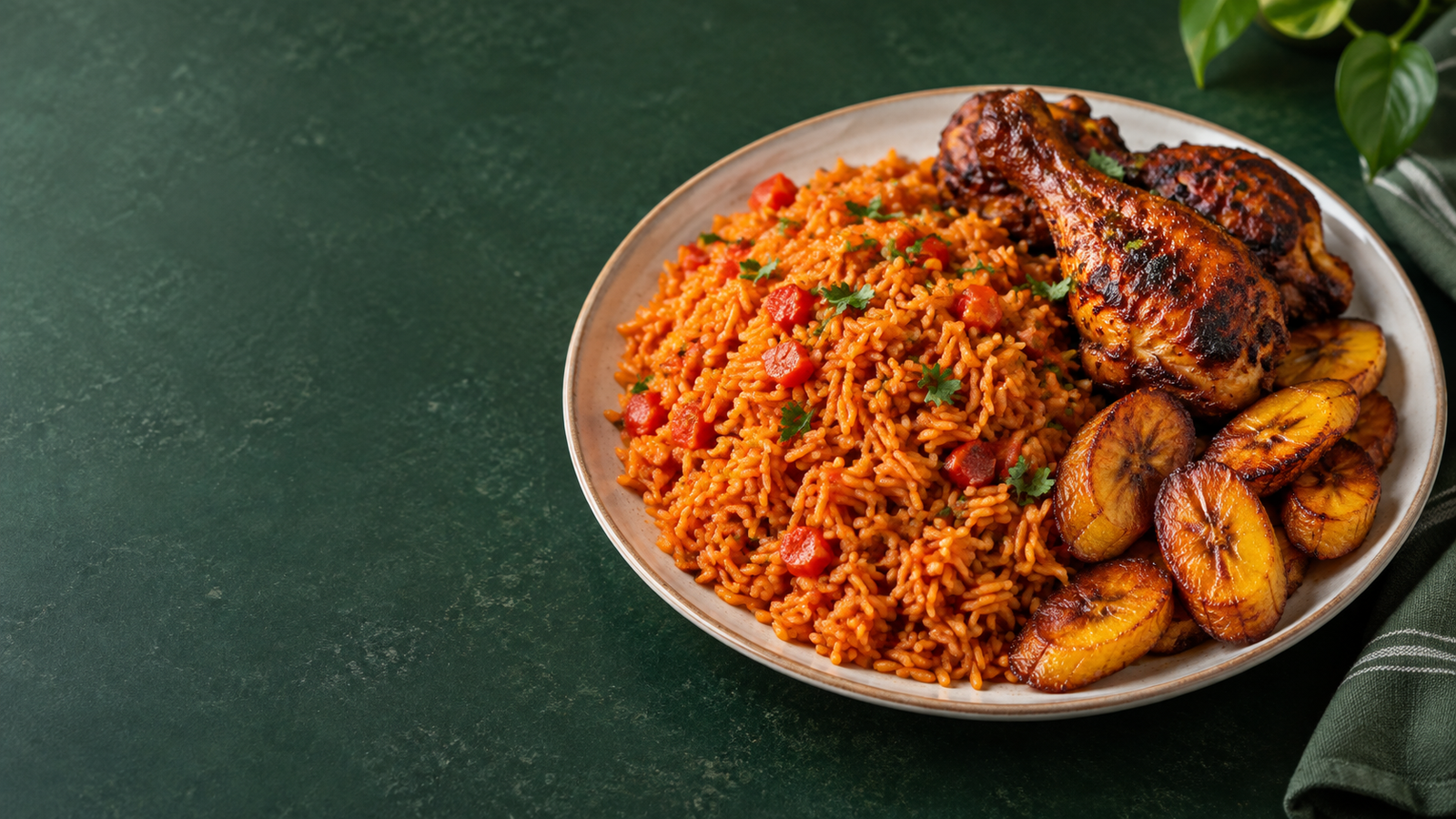 Grilled chicken with jollof rice and plantain