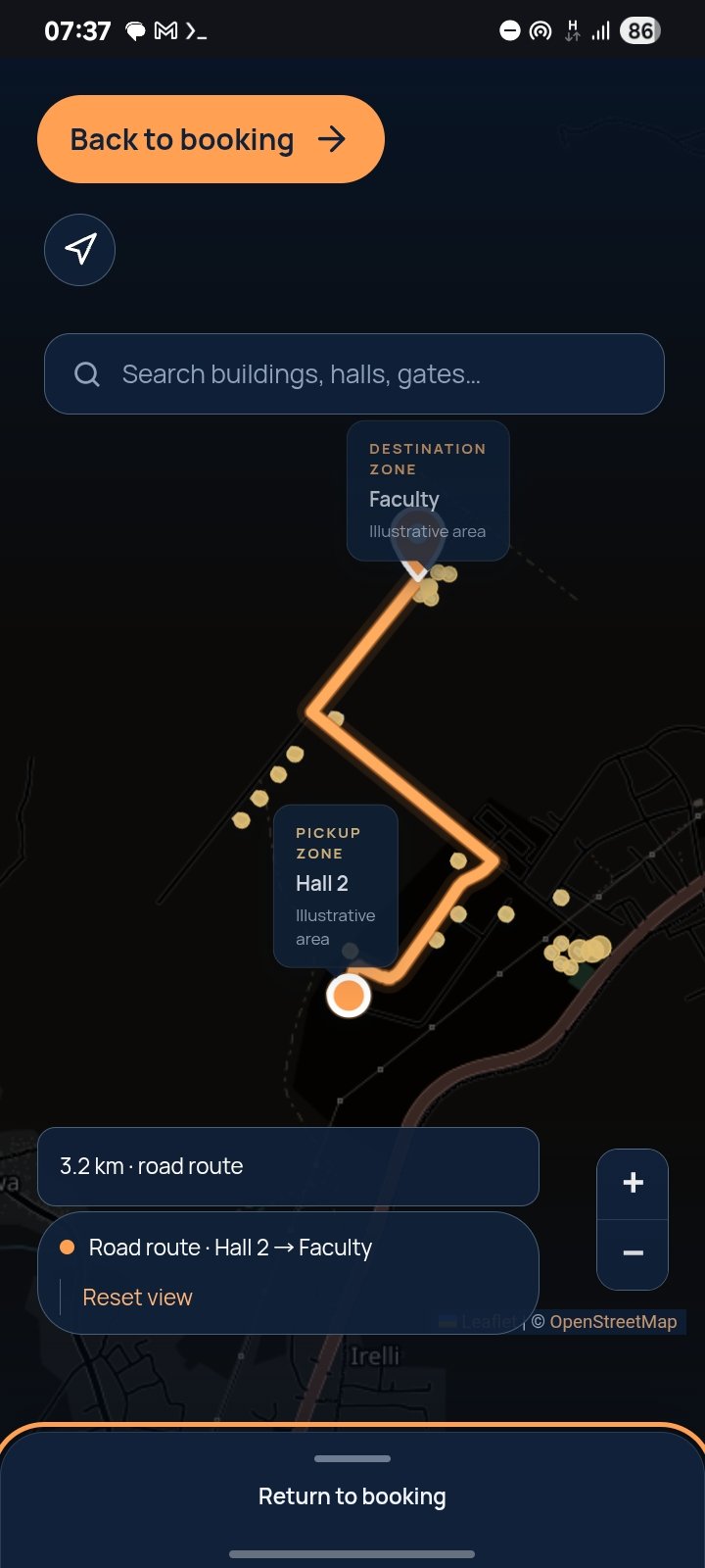 CampusRide map showing a route from Hall 2 to Faculty
