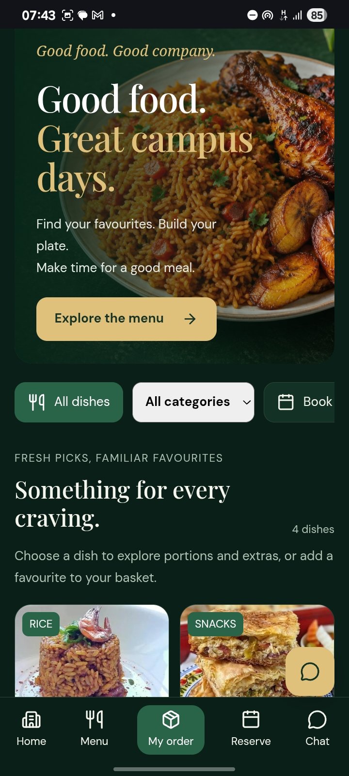 Campus Dining homepage with meals and menu categories