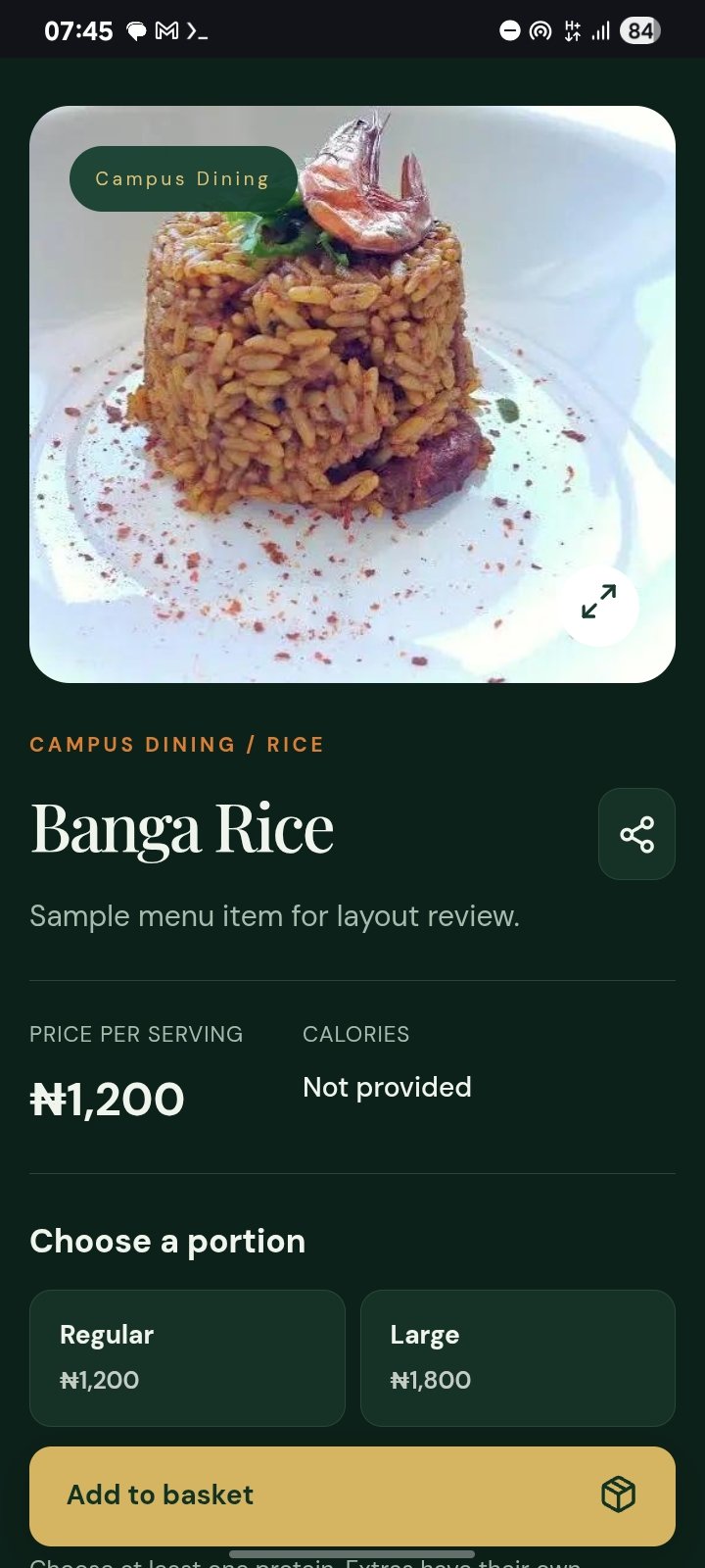 Banga Rice food details with portion selection